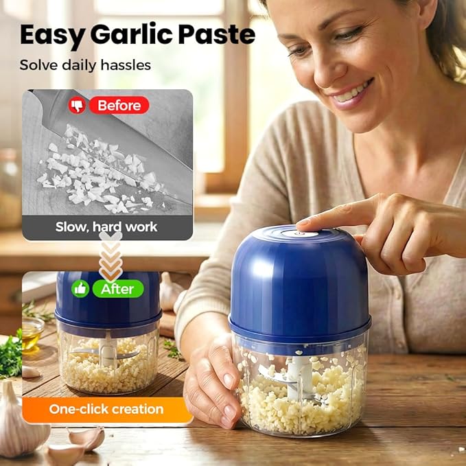 Electric Garlic Chopper, Mini Portable Veggie Chopper Garlic Grinder Onion Choppers, Wireless Electric Food Chopper Tool for Mashing Onion, Garlic, Chili, Ginger (Blue)