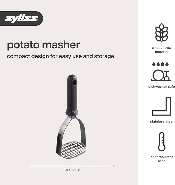 Zyliss Stainless Steel Potato Masher - Food Smasher for Potatoes, Avocados & More - Home Kitchen Essentials & Accessories - Manual Potato Masher Tool - Dishwasher-Safe Vegetable Masher - Grey