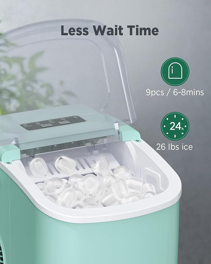 Silonn Countertop Ice Maker, 9 Cubes Ready in 6 Mins, 26lbs in 24Hrs, Self-Cleaning Ice Machine with Ice Scoop and Basket, 2 Sizes of Bullet Ice for Home Kitchen Office Bar Party, Green