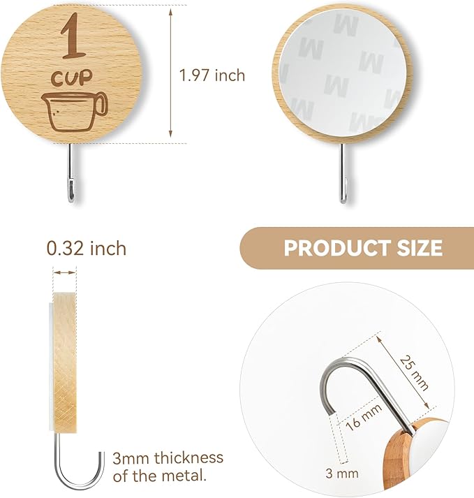 Measuring Cup and Spoon Organizer, 12 Pack Adhesive Wood Hooks for Hanging with 6 Kitchen Conversion Chart Stickers, Kitchen Hooks for Space Saving Storage
