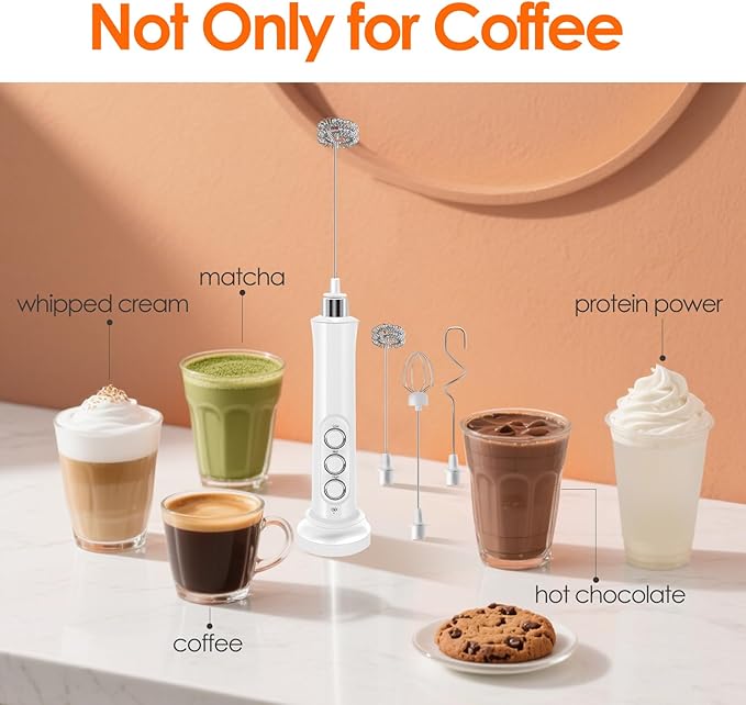 Rechargeable Milk Frother Handheld with 3 Detachable Stainless Steel Whisks, 3 Speed Adjustable Electric Whisk Foam Maker, Handheld Drink Mixer, Frother Wand for Coffee, with Storage and Charging Base