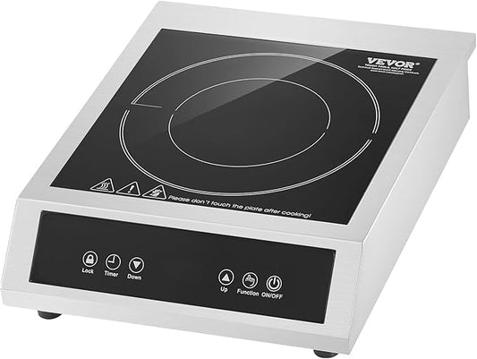 VEVOR Induction Cooktop, 3500W Commercial Induction Burner with 11-Level Temperature, Stainless Steel Countertop Induction Hot Plate with 3H Timer, Child Lock for Restaurant (6-15P Plug, 6-20R Outlet)