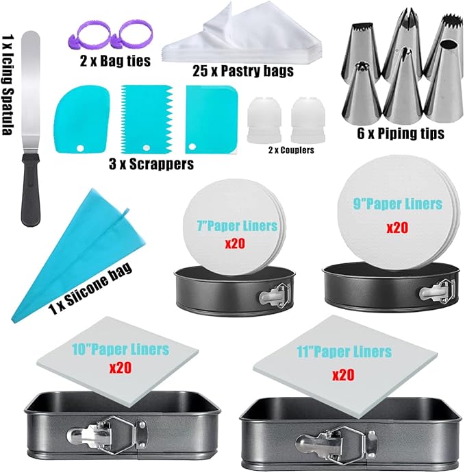 124Pcs Springform Pans Set, Round Square Cake Pans Sets, 7/9/10/11 Inch Cheesecake Pan with Removable Bottom and Cake Decorating Kit Supplies, Spring Form Pans for Baking