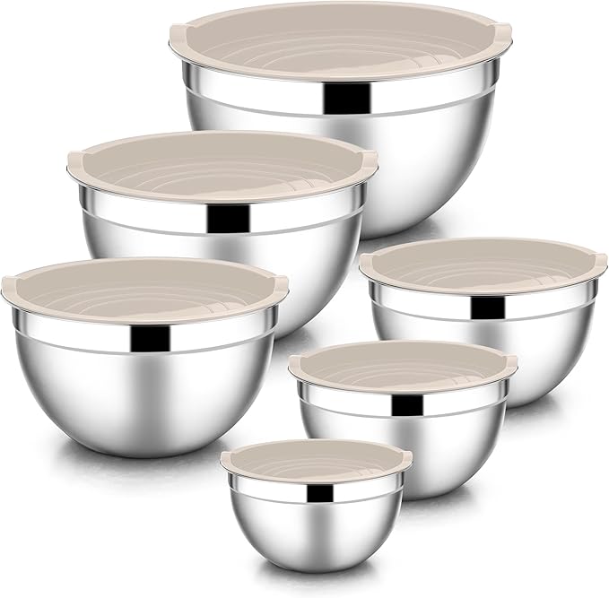 E-far Mixing Bowls with Lids, 12-Piece Stainless Steel Salad Bowls Metal Nesting Bowls for Baking Cooking and Prepping, Airtight Lids & Stackable Design, Size 7, 4.5, 3, 1.5, 1.2, 0.7 QT (Khaki)