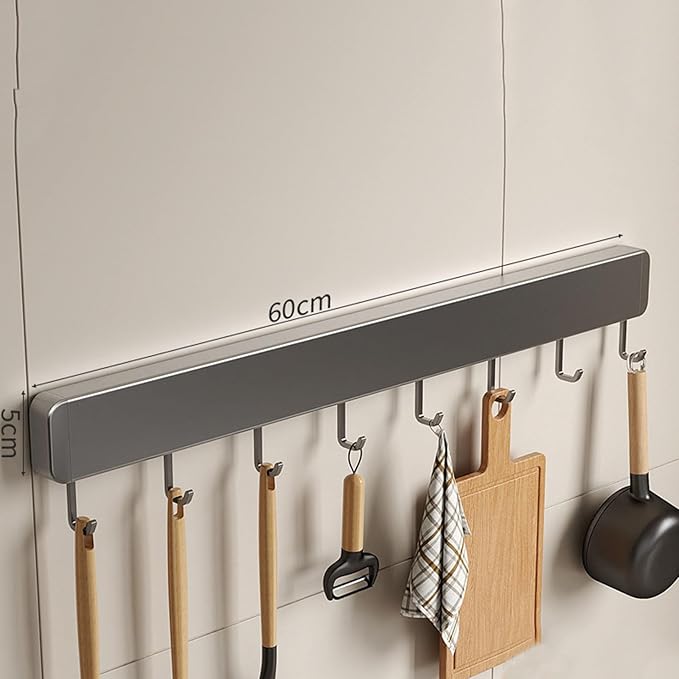 Generic Kitchen Utensil Hanger Wall Mounted Hooks, No Drilling Removable and Adjustable Hooks Kitchen Rail with 8 Hooks for Hanging Cooking Utensils, Mugs, Spoons (6 Hooks), Black