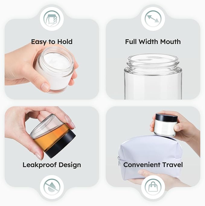 2 oz Glass Jars with Lids, 36 Pack Clear Small Glass Jars with Black Lids Leakproof Round Airtight Empty Cosmetic Travel Containers with Inner Liners For Lotions Powders and Candle Making