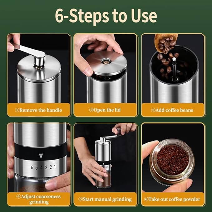 Manual Coffee Grinder - 6 Adjustable Coarseness Settings, Hand Coffee Grinders, Portable Manual Coffee Bean Grinder for Moka pot, French Press, Drip, Espresso, Gift (Small)
