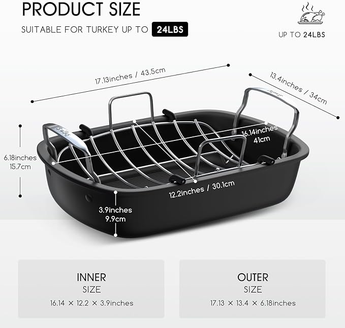 Roasting Pan, 17x13 Inch Nonstick Turkey Roaster with Removable Rack & Cooking Kit,Roaster Pan for Roasting Turkey, Meat & Vegetables (Silver)