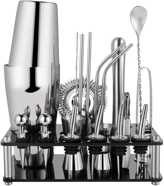 Bartender Cocktail Mixing Kit, Silver Barware Set, Professional Bar Tools with Bottle Opener and Shaker