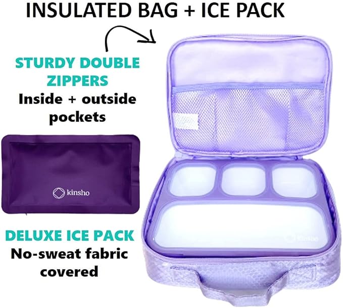 kinsho Lunch Boxes for Girls Teens Adults - Bento Box Set with Insulated Bag and Ice Pack, 4 Compartment Leak Proof Food Container, BPA-Free, Microwave Safe, Ideal for School & Work, Purple