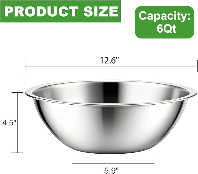 Suwimut 3 Pack Stainless Steel Mixing Bowls, 6 Quart Flat Base Stainless Steel Serving Bowls, 12.6 Inch Mirror Polish Large Metal Bowl Set for Kitchen Cooking, Baking, Prepping