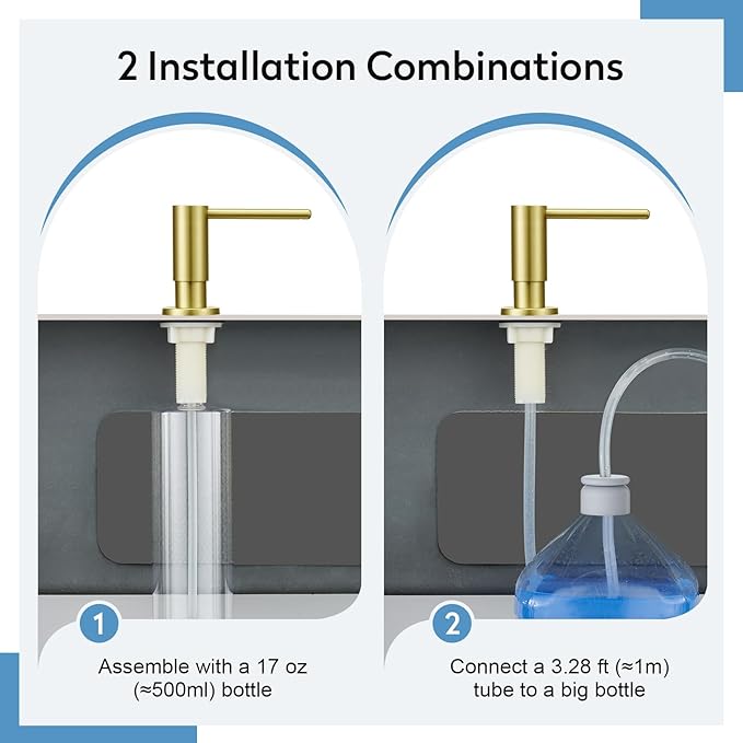 Kitchen Sink Soap Dispenser with 17 OZ Bottle and 40" Extension Tube Kit, Stainless Steel Built-in Soap Dispenser for Kitchen Sink or Countertop, in or Under Sink Installation, Brushed Gold