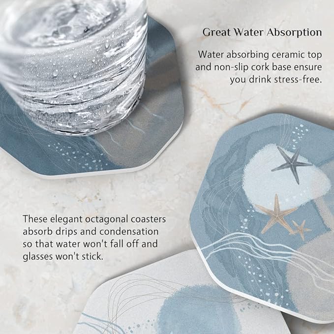 UMIRRO Ceramic Stone Coasters for Drinks Absorbent with Holder, Coastal Themed Design for Beach Lovers, Ocean Inspired Stoneware Cup Coasters for Wooden Coffee Table, 4", Octagonal, Blue, 6 Pack