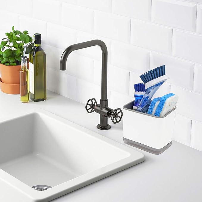 KeFanta Sink Counter Caddy, Plastic Dish Sponge Holder, Kitchen Brush and Scrubber Organizer with Drain Tray, White