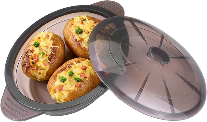 Microwave Steamer Cooker Collapsible Bowl Silicone Baked Potato Cookware with Handle Lid for Vegetables Fish Prep Meal Food with Removable Rack BPA Free Easy to Store Freezer Dishwasher Safe Black