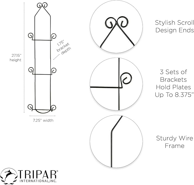 TRIPAR Vertical Wall Plate Rack, Black Display (3 Tiers) - Lightweight & Durable - Contains 3 Non-Adjustable Brackets - Elegantly Display Plates, Tiles, Artwork, & More