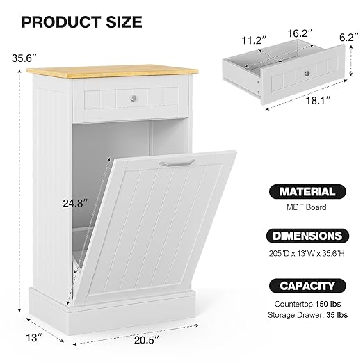 GAZHOME 10 Gallon Tilt Out Trash Cabinet, Upgrade Wooden Free Standing Recycling Trash Cabinet with Hideaway Drawer(White)
