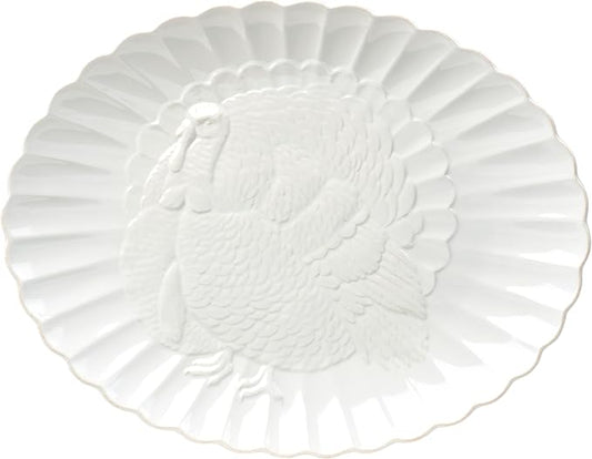 Lenox Serveware, Lenox French Perle Carved Turkey Platter, Scalloped, Oval, 18-Inch, Stoneware, Dishwasher Safe, Turkey Platter for Thanksgiving, Winter Hosting, Christmas Serving (White, 1 Piece)