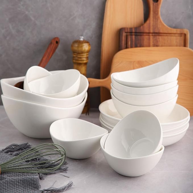 19 Ounces Ceramic Serving Bowls, Sturdy Porcelain White Oval Salad Bowls, Stackable Food Server Fruit Display Dishes for Party Dinner, Microwave and Dishwasher Safe, Set of 6
