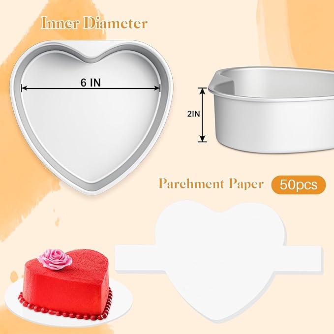 6 Inch Heart Shaped Cake Pan with 50 Pieces Parchment Paper,Non-stick Aluminum Heart Cake Pan Baking Tin for Birthday Wedding