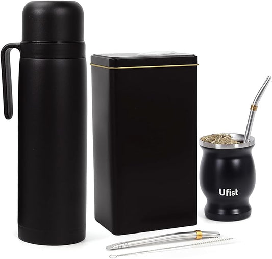 Yerba Mate Set with 34 oz Insulated Bottle, 8.4 oz Gourd Cup, Bombilla Straws, Tea Container, Stainless Steel (Argentina)