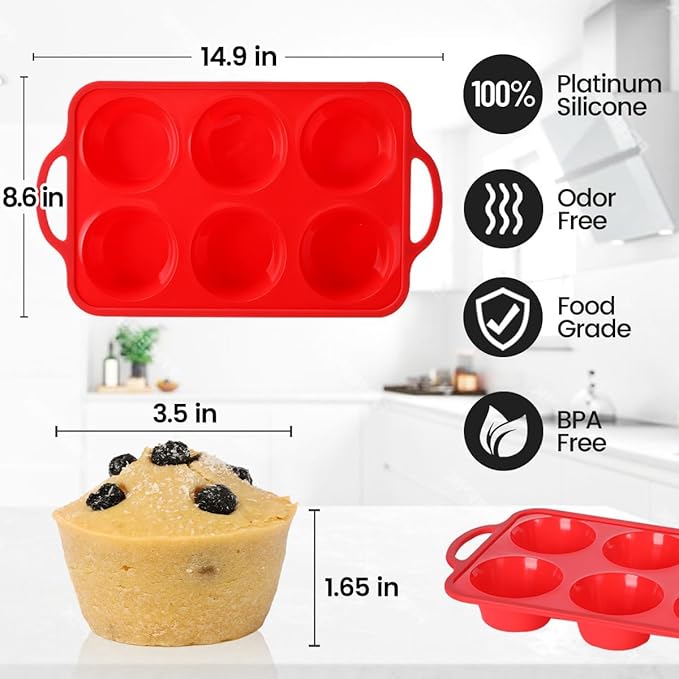 CAKETIME Jumbo Muffin Pan, 3.5 Inch Large Muffin Pan with Metal Reinforced Frame 6 Cup Silicone Jumbo Cupcake Pans for Baking Easy to Handle 2 Pack Red