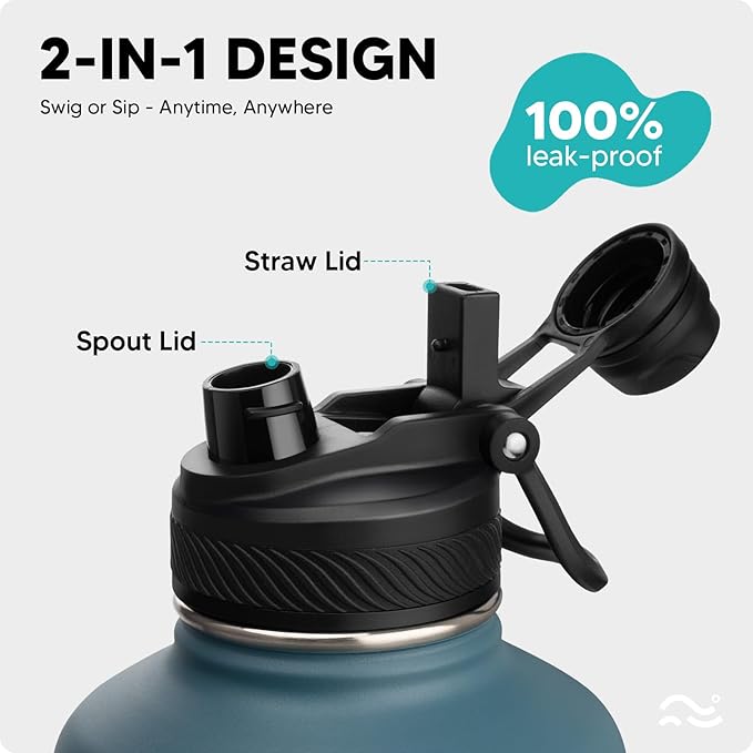 Swigina [2-IN-1 LID] 64 oz Insulated Water Bottle with Silicone Boot (48hrs Cold/24hrs Hot) - DIY Stickers, Leakproof, BPA Free, Half Gallon