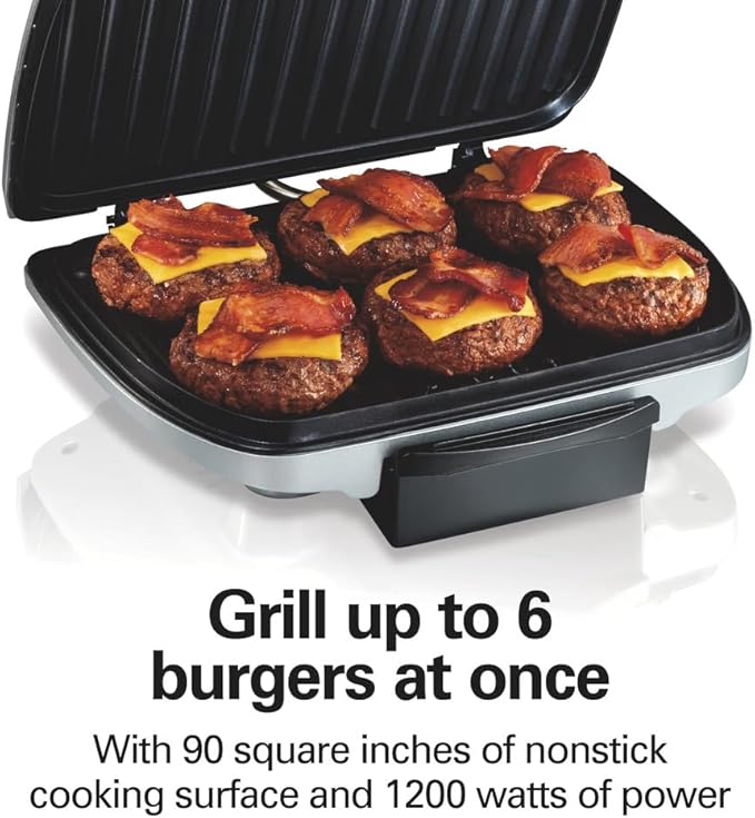 Hamilton Beach Electric Indoor Grill,6-Serving,Large 90 sq. in. Nonstick Easy Clean Plates,Floating Hinge for Thicker Foods,1200 Watts,6.38"D x 12.68"W x 13.78"H,Silver (25371),(Pack of 2)