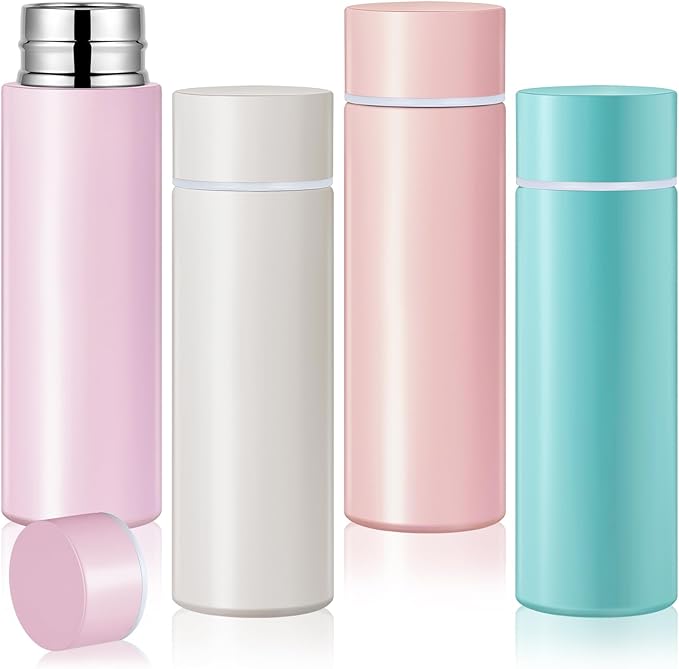 Irenare 5oz Mini Water Bottle Mini Insulated Stainless Steel Bottle Purse Water Bottle Cute Leak Proof Flask Keeps Drink Cold and Hot for Purse Women(White, Pink, Purple, Blue,4 Pieces)