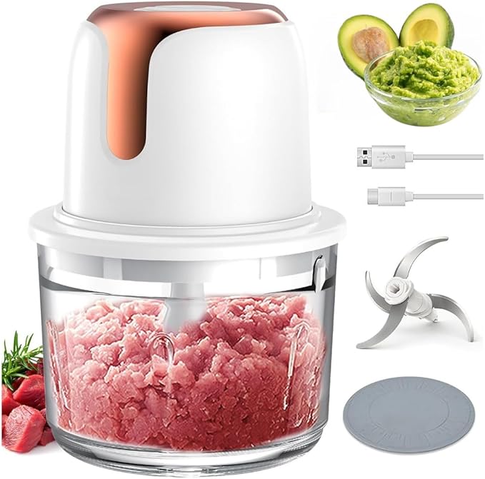 5-Cup Cordless Food Processor & Meat Grinder, USB-C Rechargeable - Perfect for Apartment, RV & Travel (Rose Gold)