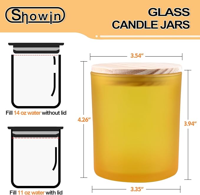 SHOWIN 14 OZ Thick Candle Jars for Making Candles 12 Pcs, 3 Wick Empty Jars with Wood Lids for Candle Making, Sample Container, Frosted Yellow