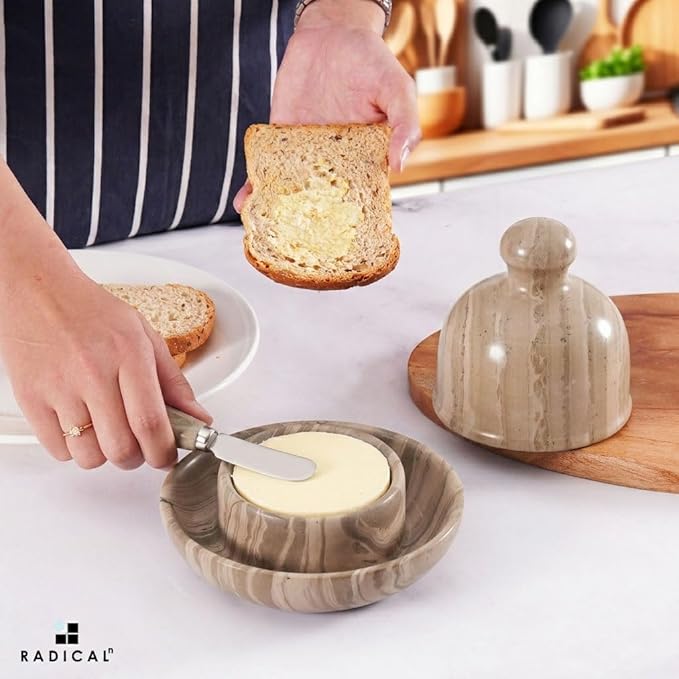 Radicaln Marble Butter Dish With Lid 6" Inches Natural Brown Handmade Butter Storage Container, Ideal Butter Dish and Butter Crock For Counter With Water