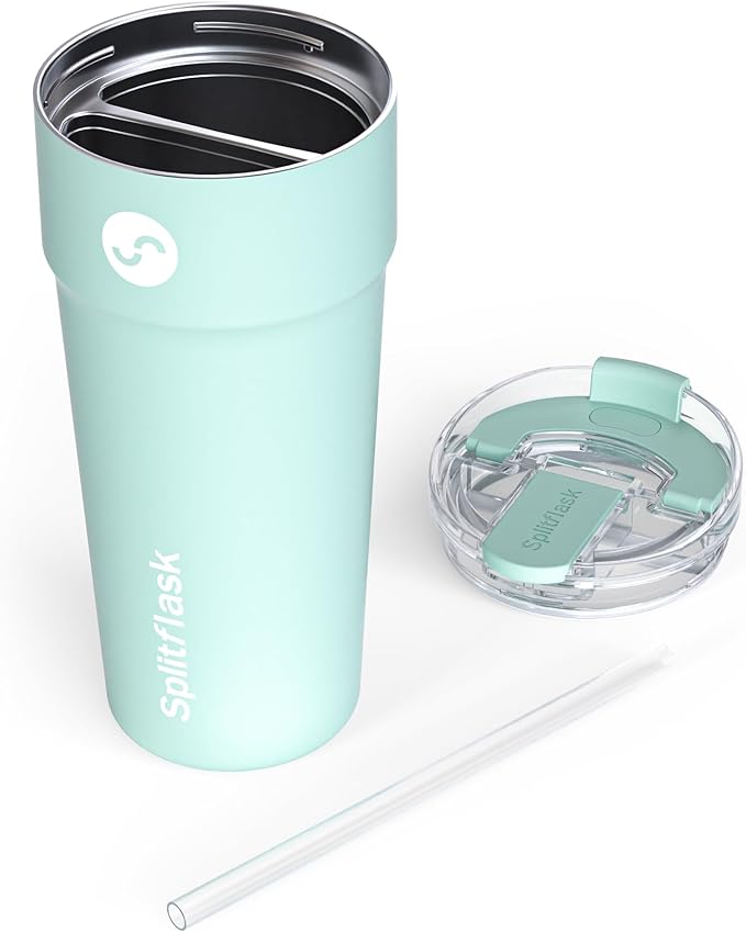 Splitflask 2-in-1 Dual Chamber Tumbler 30oz Hot & Cold Insulated Cup with Straw & Sip Lid, Leak Resistant Stainless Steel Travel Mug for Coffee, Water, Moms, Gym, Work, Car Cup Holder BPA-Free