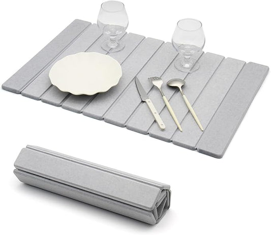 Stone Dish Drying Mat for Kitchen Counter - Large Foldable Collapsible Quick Drying Dish Mats, Ultra Absorbent Diatomaceous Earth Mats for Kitchen Dishes Bottles Cups Bathroom -Light Gray