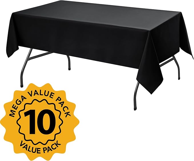 10-Pack Black Tablecloths for Rectangle Tables, 60 x 84 Inches, Stain-Resistant Polyester Fabric for 4 Foot Tables - Washable Table Covers for Weddings, Banquets, Birthday Parties, Events