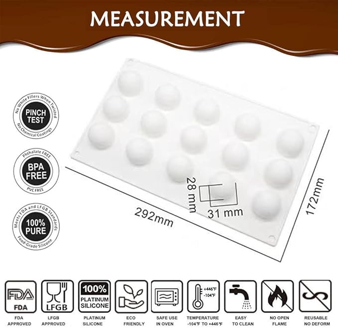 Sphere Shape Silicone Baking Mold for Mousse Cake for Baking French Dessert Pastry Chocolate,Jelly,Soap, Ice Cream Mold 15 Cavity