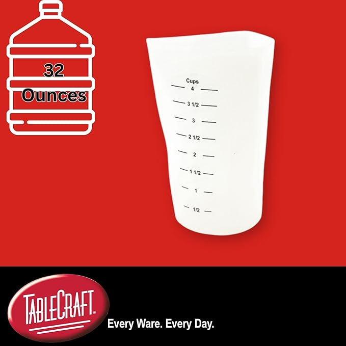 TableCraft HSMC34 Flexible Measuring Cup, 4 Cup, Silicone, 3-Sided Design with Measurements in Cups, Ounces, Milliliters, Ergonomic Grip, Heat Safe to 450°F, Microwave and Dishwasher Safe