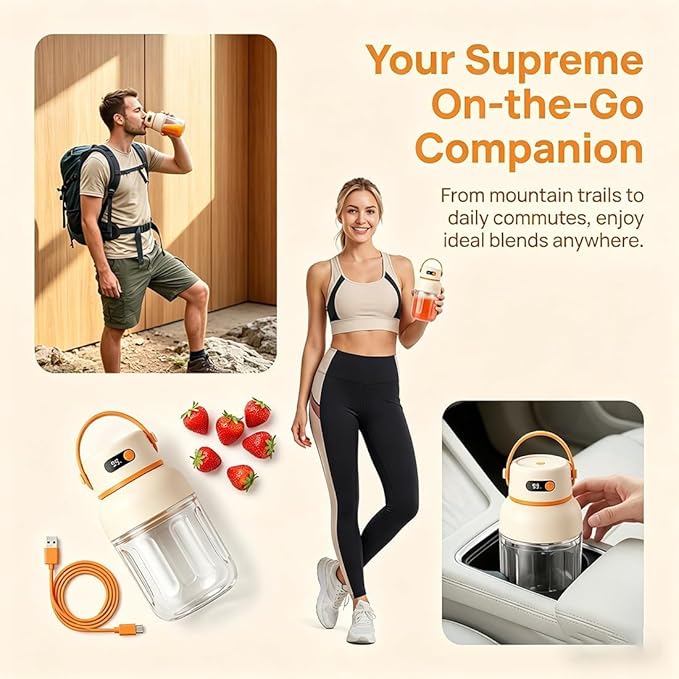 Portable Electric Juicer Cup with Zero Cord Hassle, 33 Oz Cordless Personal Juicer Cup, Digital Display Portable Juicers Blender with Stainless Steel Blades, USB-C (orange-1000ml)