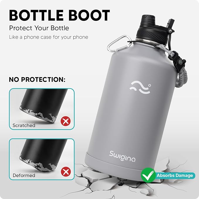 Swigina [2-IN-1 LID] Gallon Insulated Water Bottle with Silicone Boot (48hrs Cold/24hrs Hot) - DIY Stickers, Leakproof, BPA Free, 128 oz