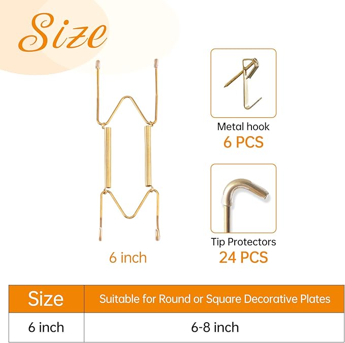 Bilillo 6 Pieces Invisible Heavy Duty Plate Holder, Stainless Steel Plate Hangers for The Wall, Plate Hangers for Display with Wall Hooks, Suitable for 6-8 inch Decorative Plattes and Arts (Gold)