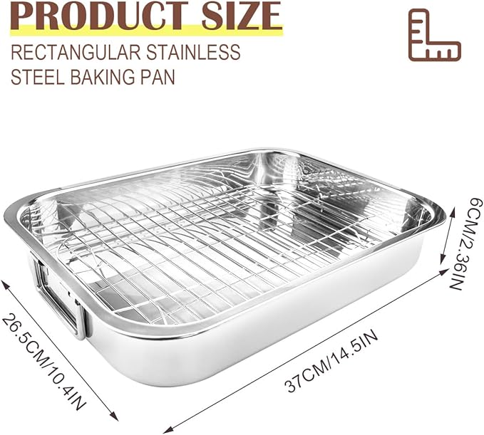 Stainless Steel Roasting Pan with Rack Rectangular Baking Pan BBQ Bakeware Quarter Sheet with Handles for Turkey Chicken Meat & Vegetables (36x26x6CM)