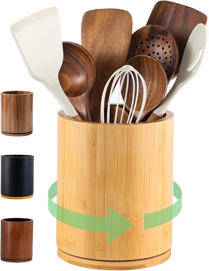 Wooden Utensil Holder, 360°Rotating 7.3'' Large Utensil Holder for Kitchen Counter, Kitchen Utensil Organizer, Utensil Crock, Farmhouse Kitchens Countertop Decor, Bamboo Wood