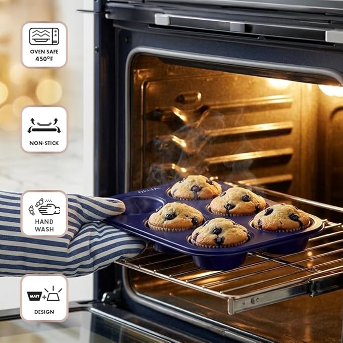 Stackable Nonstick Bakeware Set, 8 Piece Baking Pan Set, Oven Safe Carbon Steel, Includes Cookie Sheet, Muffin Pan, Loaf Pan & Roaster