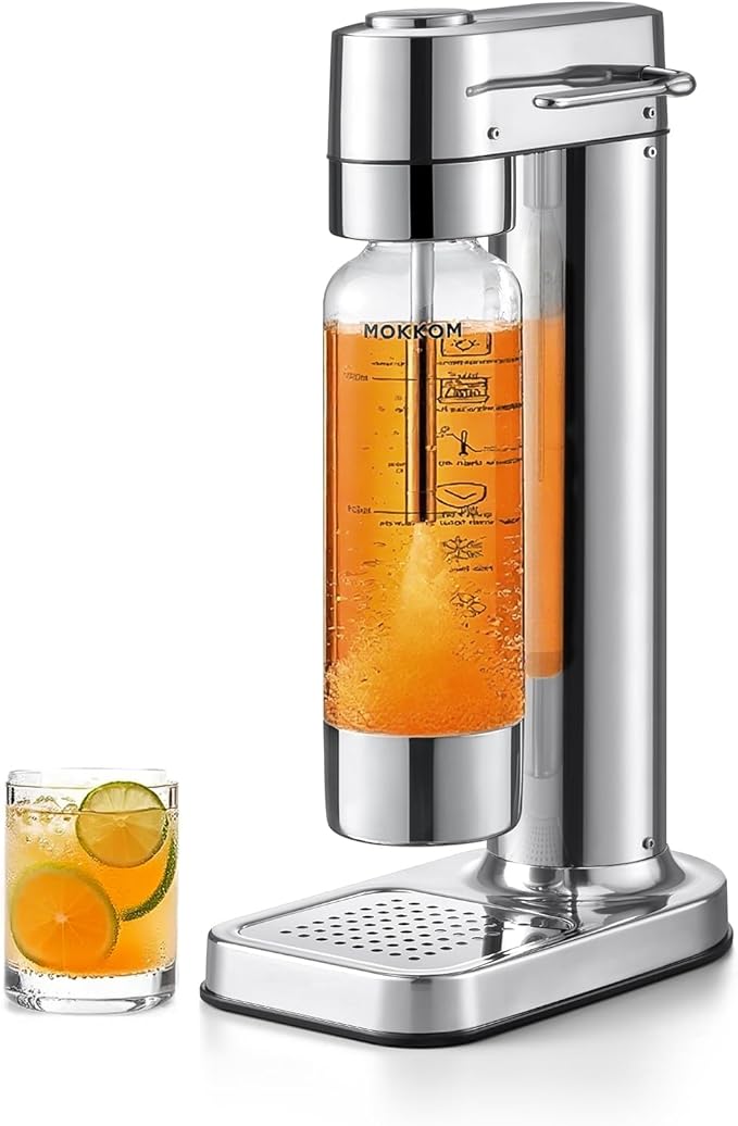 MOKKOM Sparkling Water Maker Stainless Steel & 1L Reusable Soda Maker Bottle