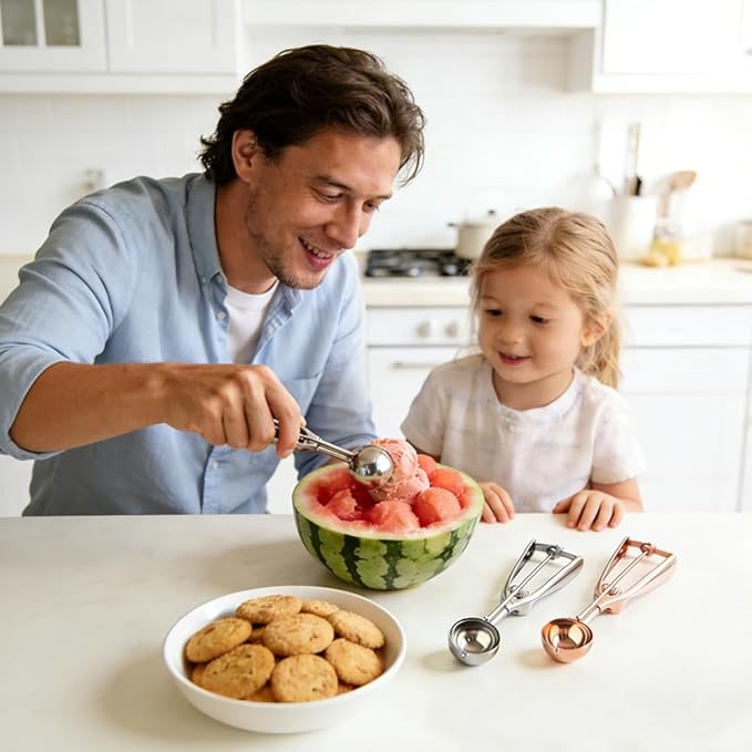 Gold Ice Cream Scoop Stainless Steel Cookie Scoops for Baking Melon Baller with Trigger 3 Sizes (Rose Gold, L)