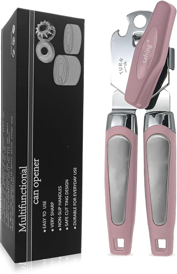 Can Opener Manual, Handheld Strong Heavy Duty Stainless Steel Can Opener, Comfortable Handle, Sharp Blade Smooth Edge, Can Openers with Multifunctional Bottle Opener, Pink