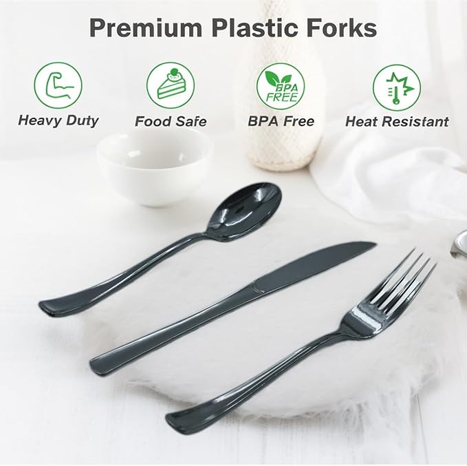 300 Pieces Of Black Plastic Silverware,Heavy Duty, 100 Forks, 100 Spoons, 100 Knives, Heat-Resistant and BPA-free Disposable Silverware,Party Supplies, High-end Utensils