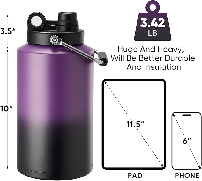 Kerilyn Insulated Gallon Jug with Handle, One Gallon, 128oz Stainless Steel, Large Double Vacuum Water Bottle for Hot & Cold Drinks, Wide Mouth, Sweat Proof, Great for Travel, Camping, Purple Gradient