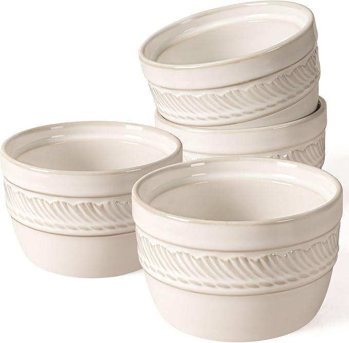 Artena Ramekins Oven Safe, Creme Brulee Ramekins, Embossed White Ceramic Ramiken, Souffle Pudding Custard Cups, Baking Dish, Dipping Bowls, Sauce Cups, Set Of 4 (Willow Leaf, 8 oz)