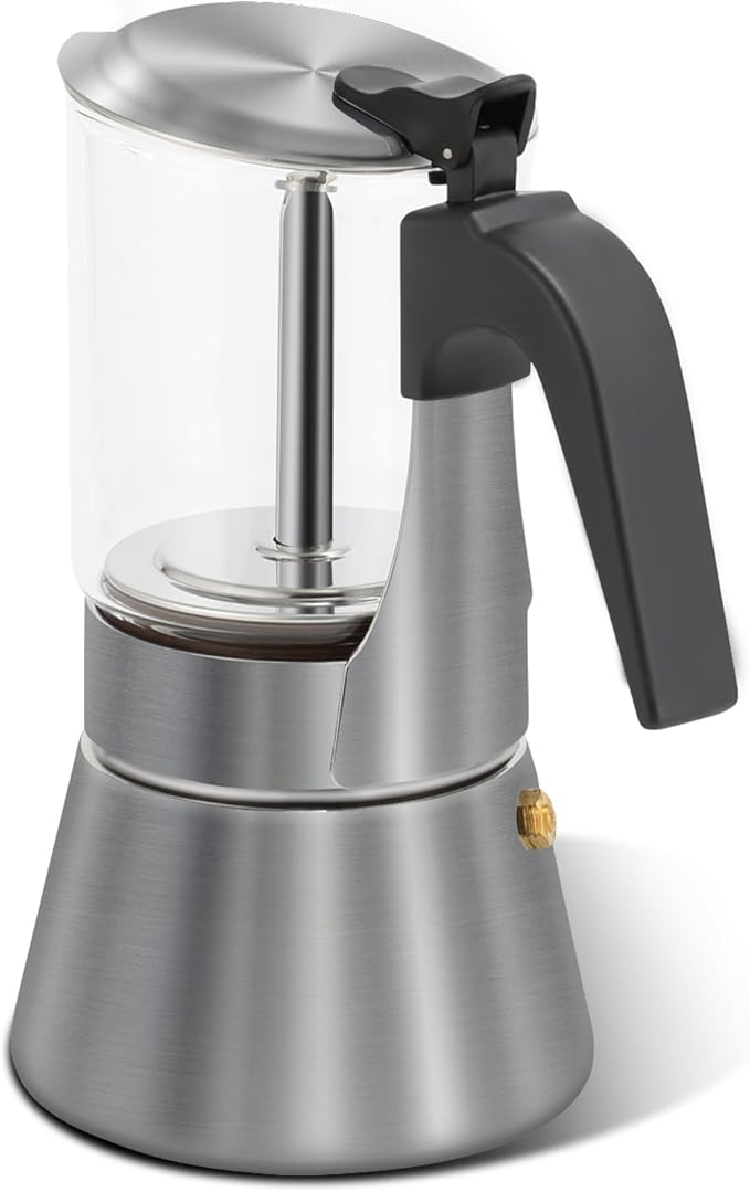 Grasseed Crystal Glass-Top Moka Pot, Polished Stainless Steel Stovetop Espresso Maker for Italian Coffee, Gift for Coffee Lovers - 6 Cup/240ml/8.4oz